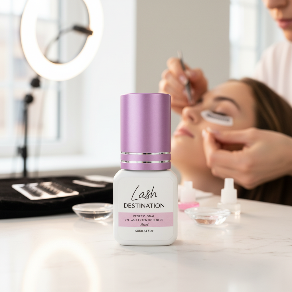LashDestination professional black eyelash extension adhesive in a 5ml bottle with a metallic pink cap on a table.