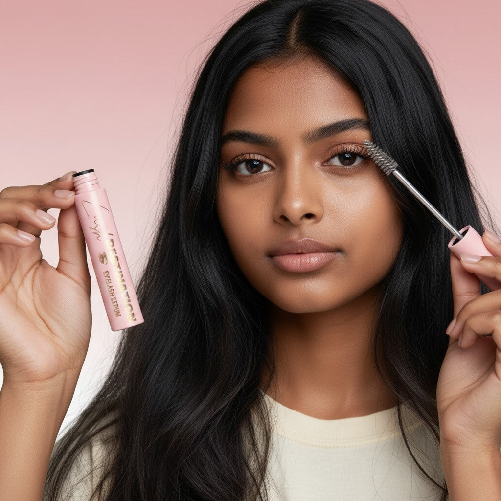 LashDestination eyelash serum in a pink tube held by a woman applying the clear formula with a precision brush