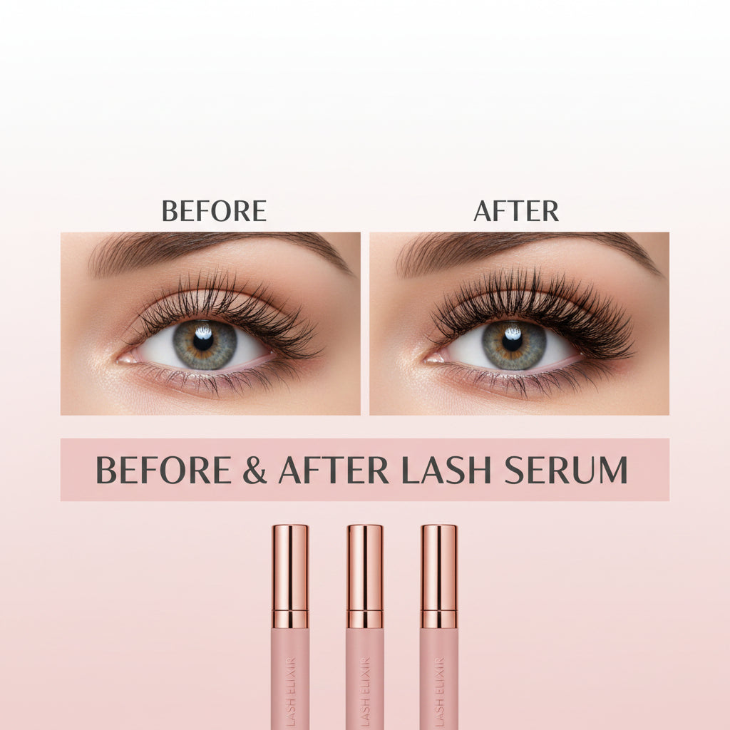 LashDestination eyelash serum with a woman holding the product and a before and after comparison of lash growth.