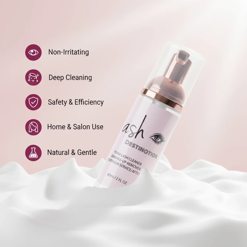 LashDestination gentle foam lash cleanser and makeup remover in a pump bottle with a rose gold cap on a foam base.