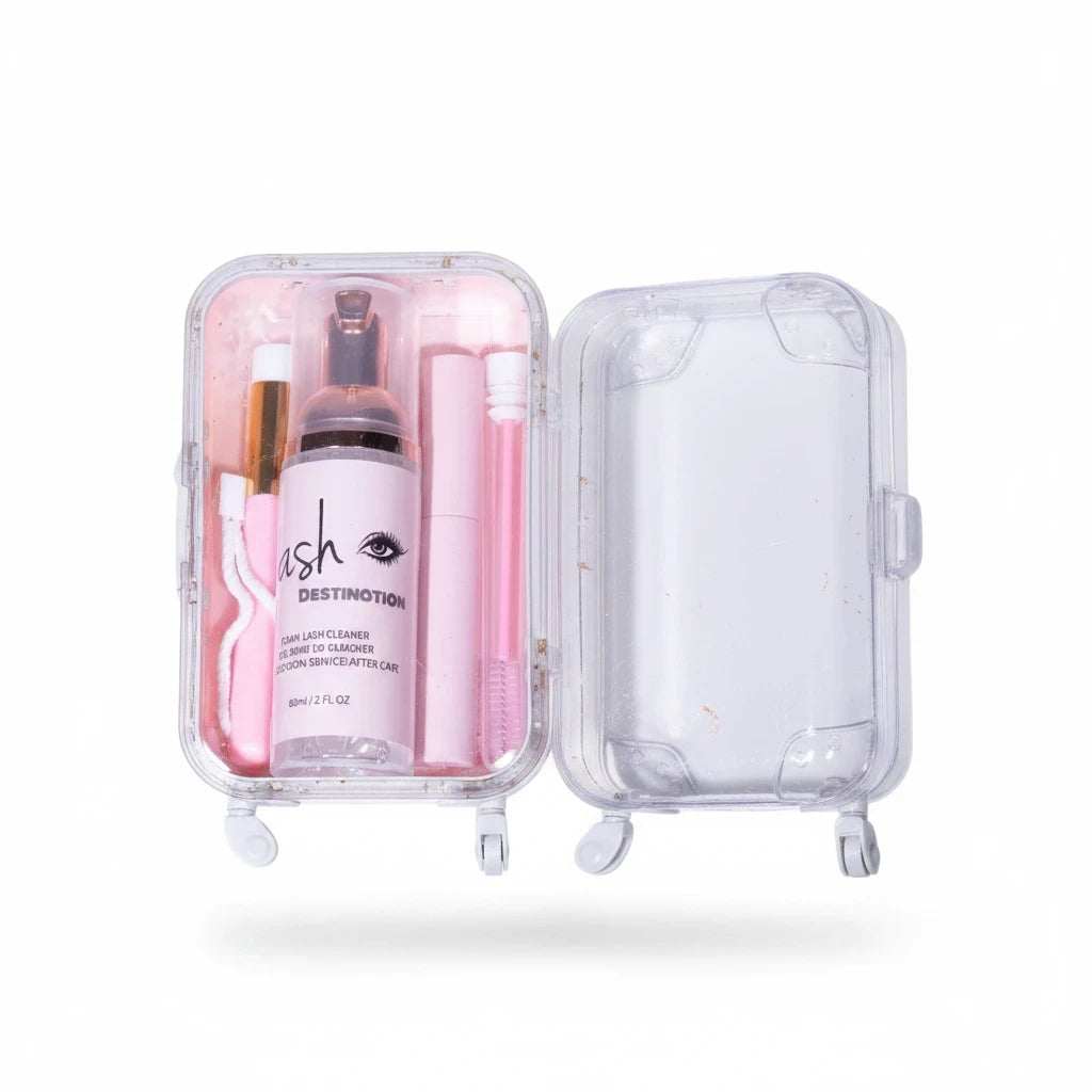 LashDestination foam lash cleanser and makeup remover kit in a clear travel-sized suitcase with brushes and tools.