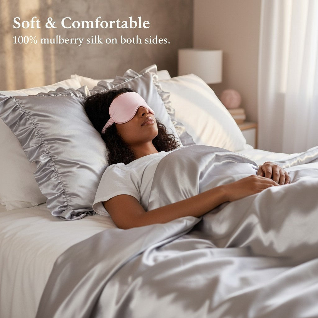 LashDestination soft pink mulberry silk sleep mask worn by a woman resting on grey satin bedding