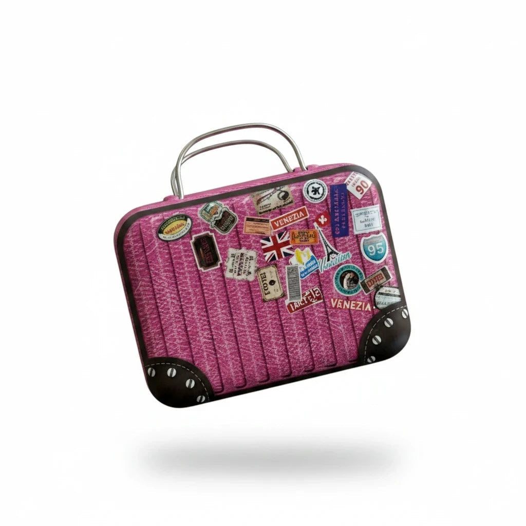 LashDestination pink miniature suitcase lash storage case with travel stickers and a sturdy handle