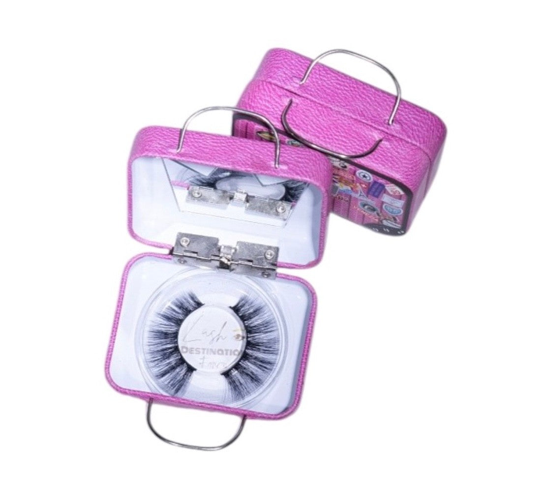 LashDestination pink miniature suitcase lash storage case with built-in mirror and false eyelashes
