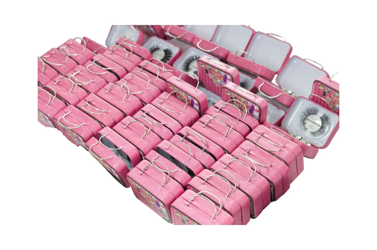 LashDestination pink miniature suitcase lash storage cases with travel stickers and internal crown-shaped mirrors