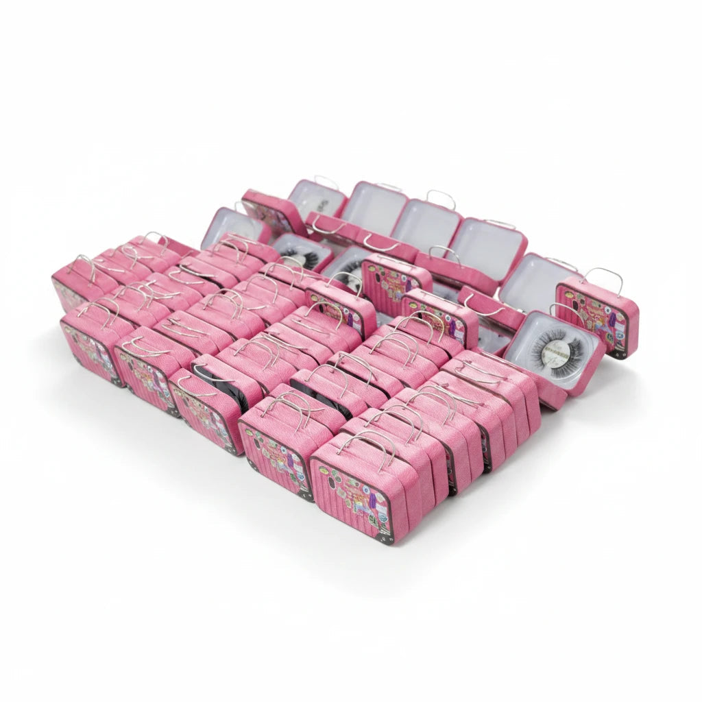 LashDestination pink miniature suitcase lash storage cases with travel stickers and internal crown-shaped mirrors.
