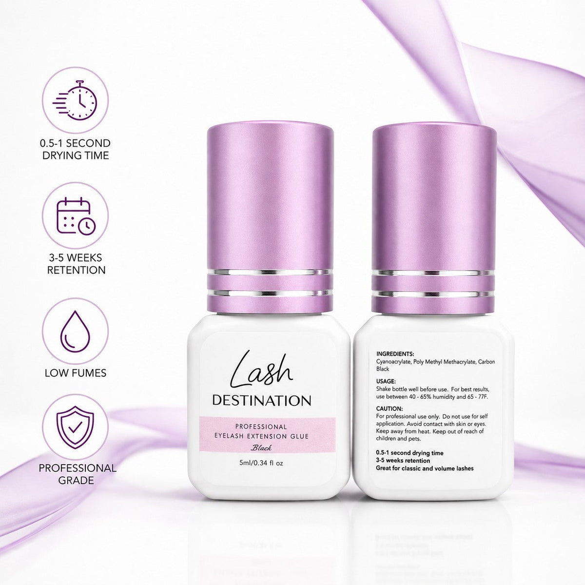 LashDestination professional eyelash extension adhesive in 5ml bottles with fast drying and long retention features