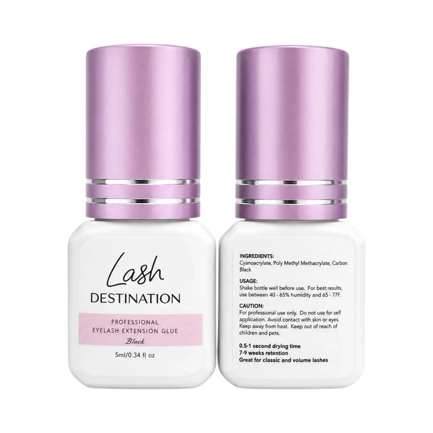 LashDestination professional black eyelash extension adhesive in a 5ml bottle with a metallic pink cap