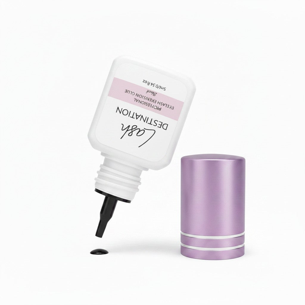 LashDestination professional black eyelash extension adhesive in a 5ml bottle with a metallic purple cap.