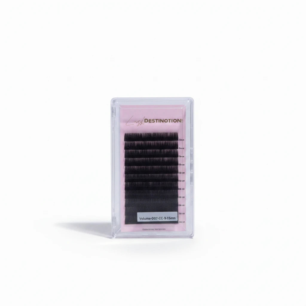 LashDestination professional volume lash extension tray with 0.07mm CC curl fibers in a protective clear case