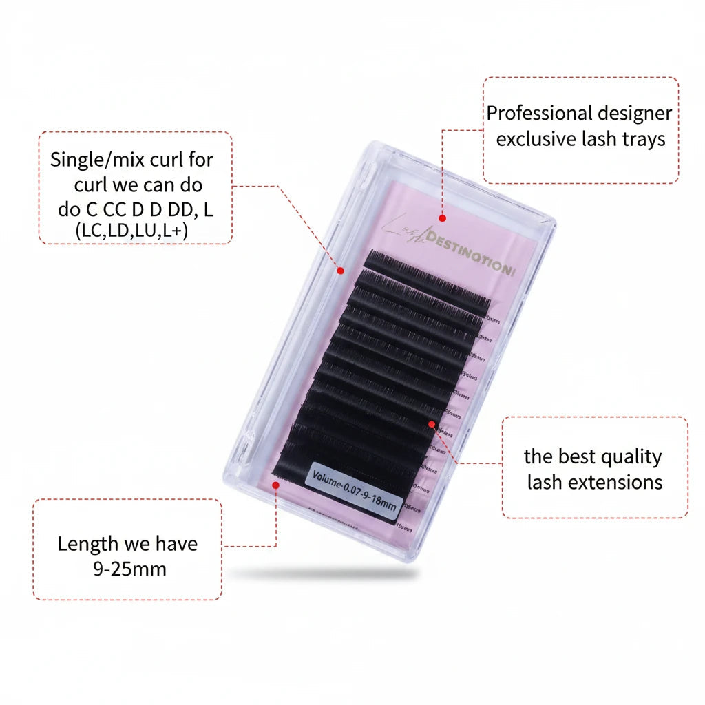 LashDestination professional volume lash extension tray with 0.07mm diameter black fibers in a clear protective case.