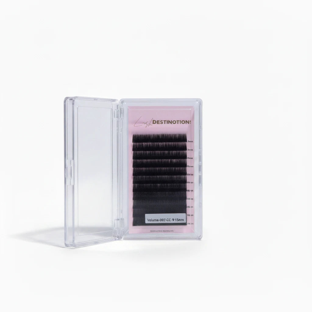LashDestination professional volume lash extension tray with 0.07mm CC curl black fibers in a clear protective case.