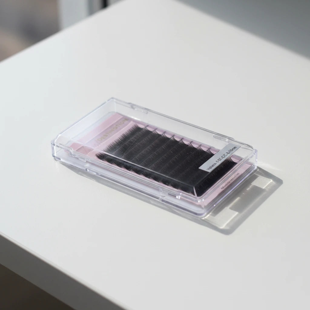 LashDestination professional volume lash extension tray with 0.07mm CC curl black fibers in a clear plastic case.