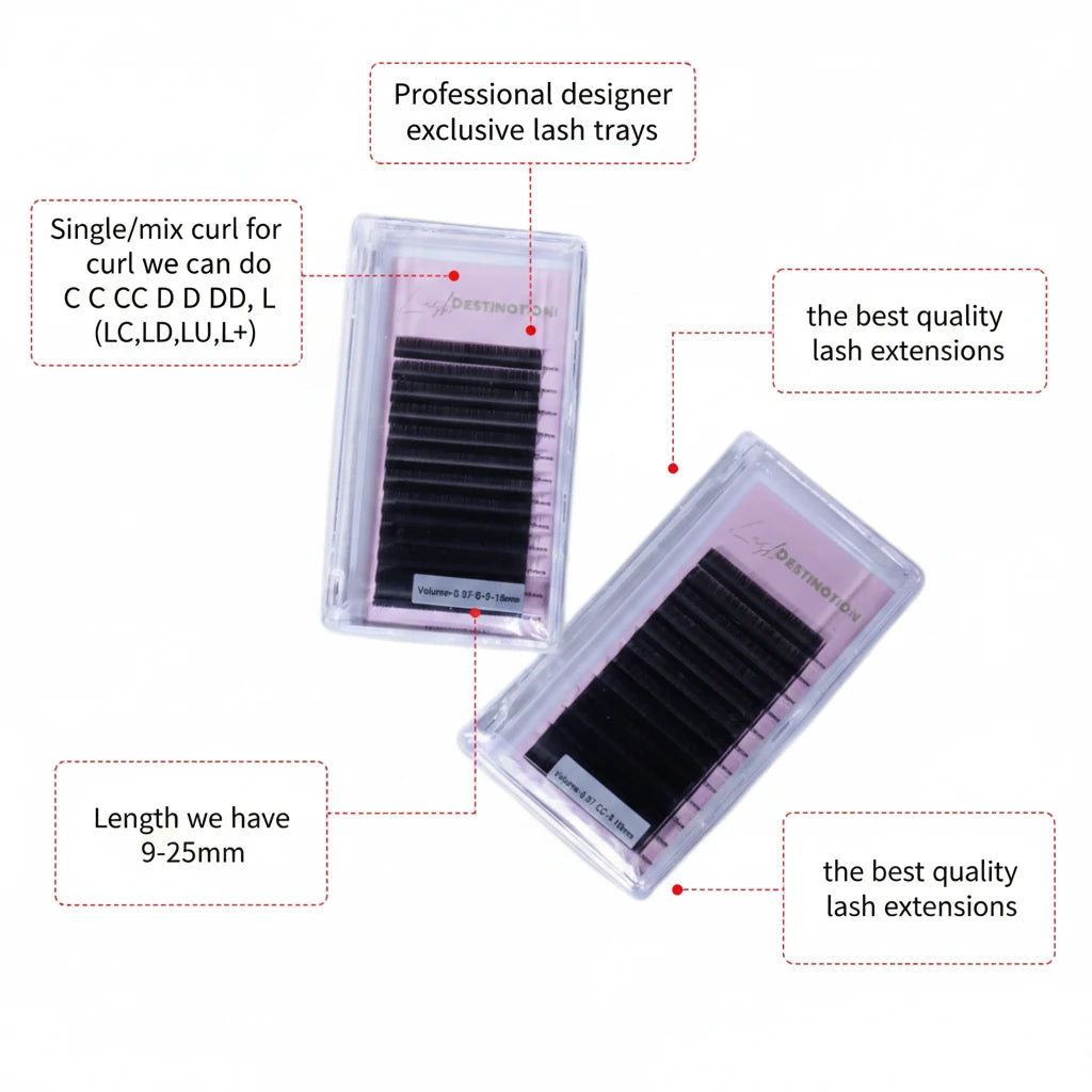 LashDestination professional volume lash extension trays in clear cases with various curl and length options
