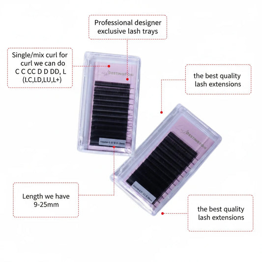LashDestination professional volume lash extension trays in clear cases with various curl and length options
